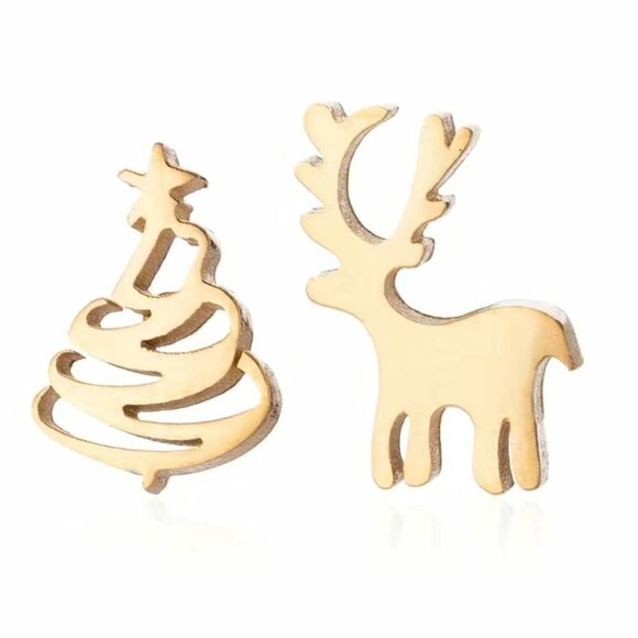 Tiny Reindeer and Christmas Tree Stainless Steel Stud Small Earrings #1144 - Picture 4 of 9